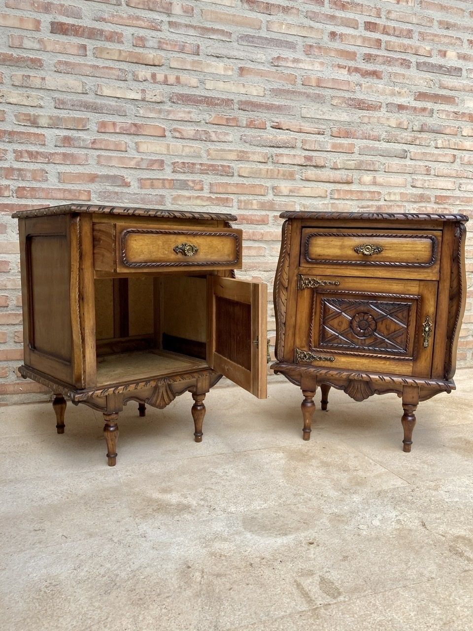Pair Of Early Century Carved Oak Nightstand, 1940s photo for sale