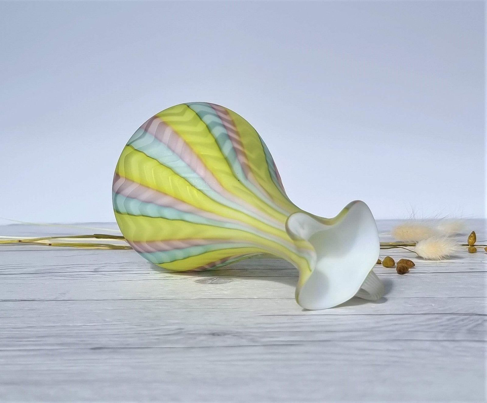 photo for sale Murano Mother Of Pearl Satin In Pastel Rainbow, Herringbone Pattern Jug Vase, 1960 70s, Rare