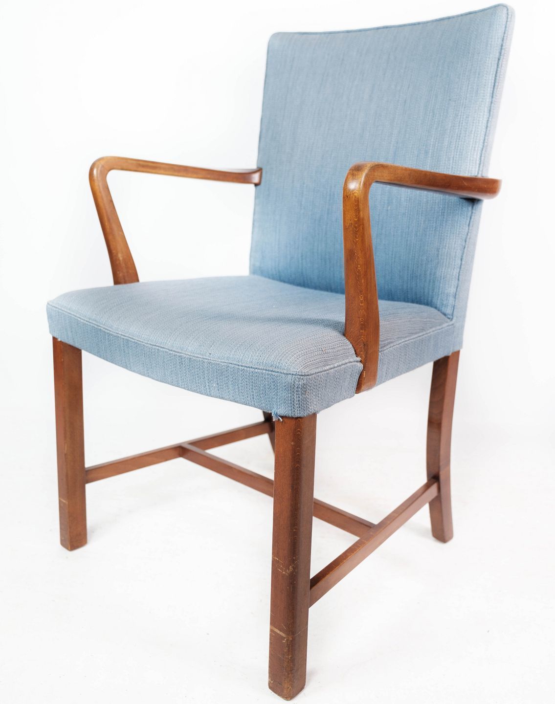 Mahogany Armchair Upholstered In Light Blue Fabric Made By Fritz Hansen.