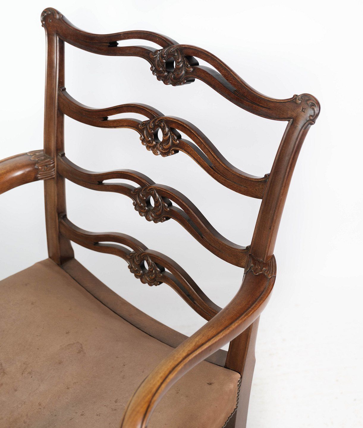 Antique Armchair Made Of Mahogany And Upholstered With Light Fabric From 1880s. photo Furniture