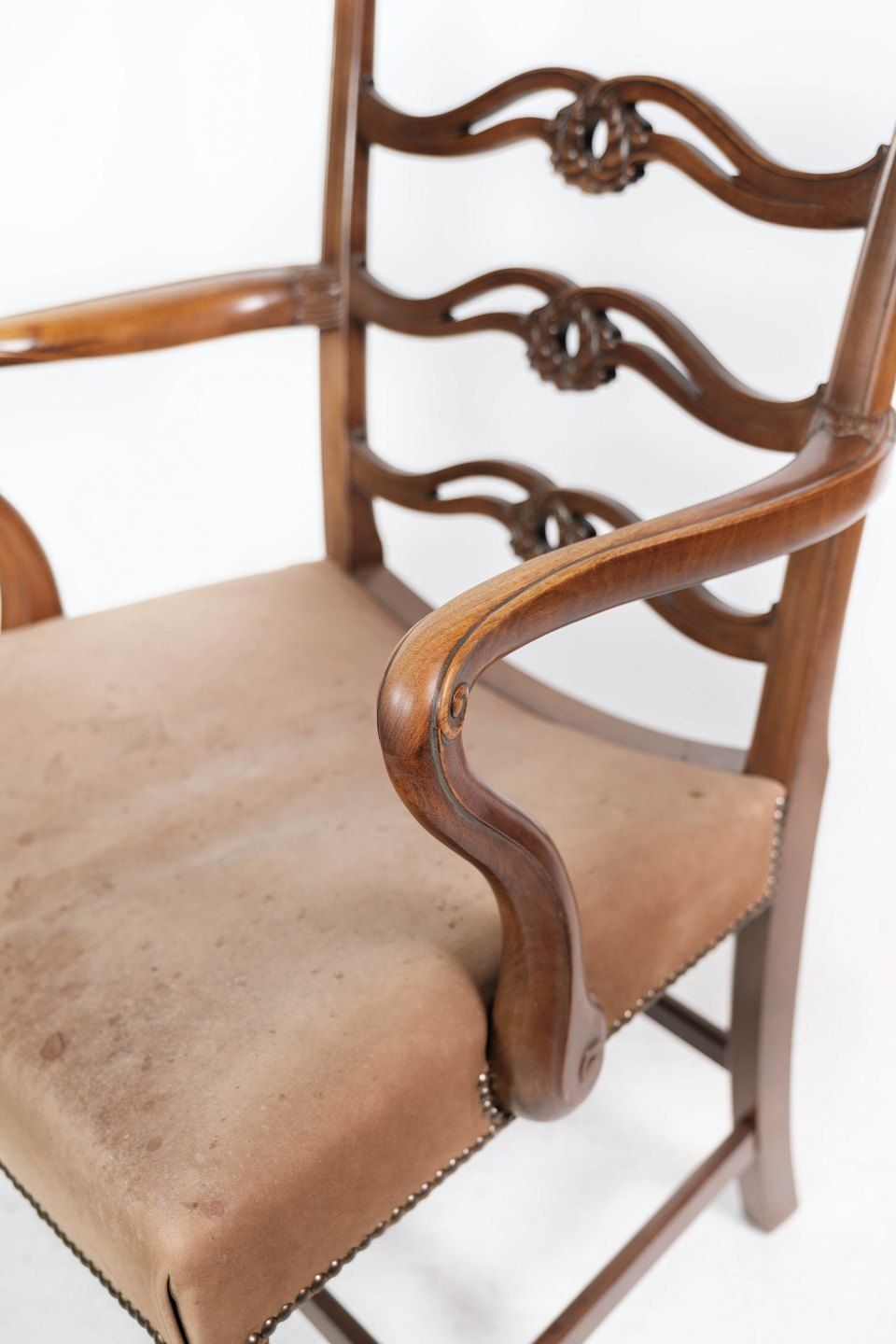 Antique Armchair Made Of Mahogany And Upholstered With Light Fabric From 1880s. photo 785.0
