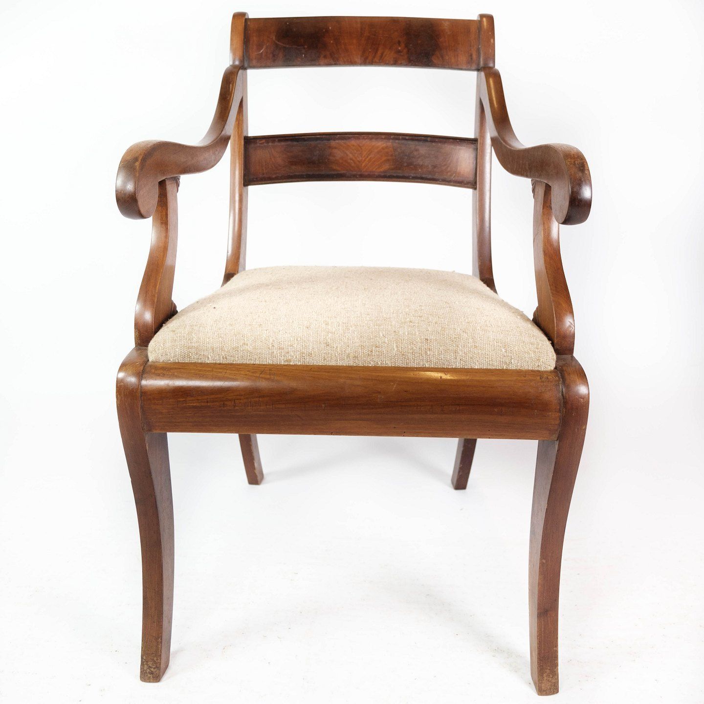 Late Empire Armchair Of Mahogany And Upholstered With Light Fabric From The 1860s. photo for sale