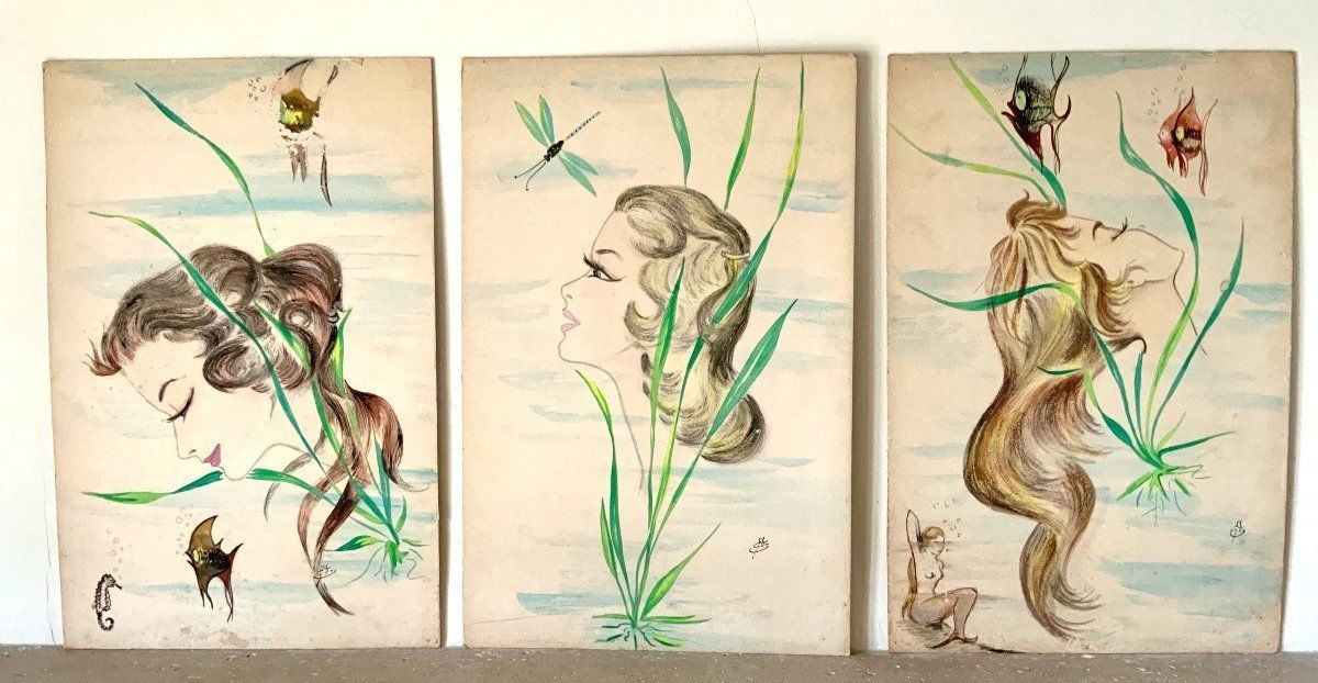 Three Watercolors Of Young Women Among Fishes ...