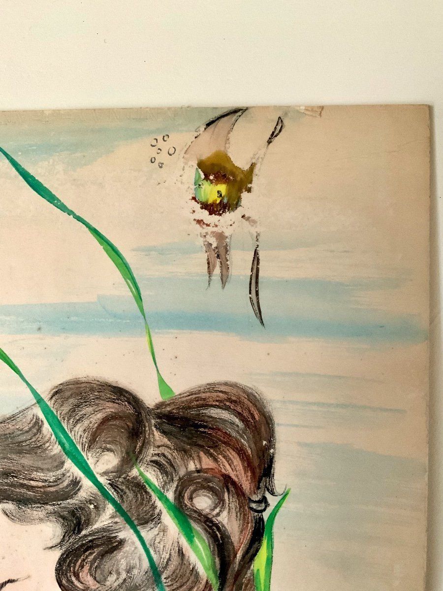 Three Watercolors Of Young Women Among Fishes ... photo vinterior
