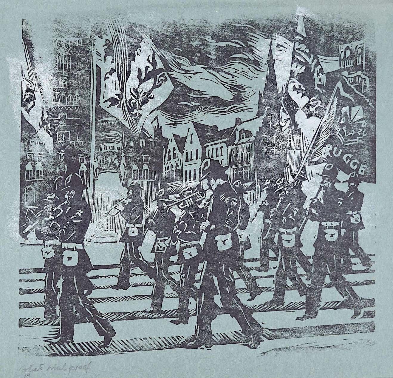 Percy Drake Brookshaw Linocut Of Marching Band Brugge (On Blue)  (C.1930)