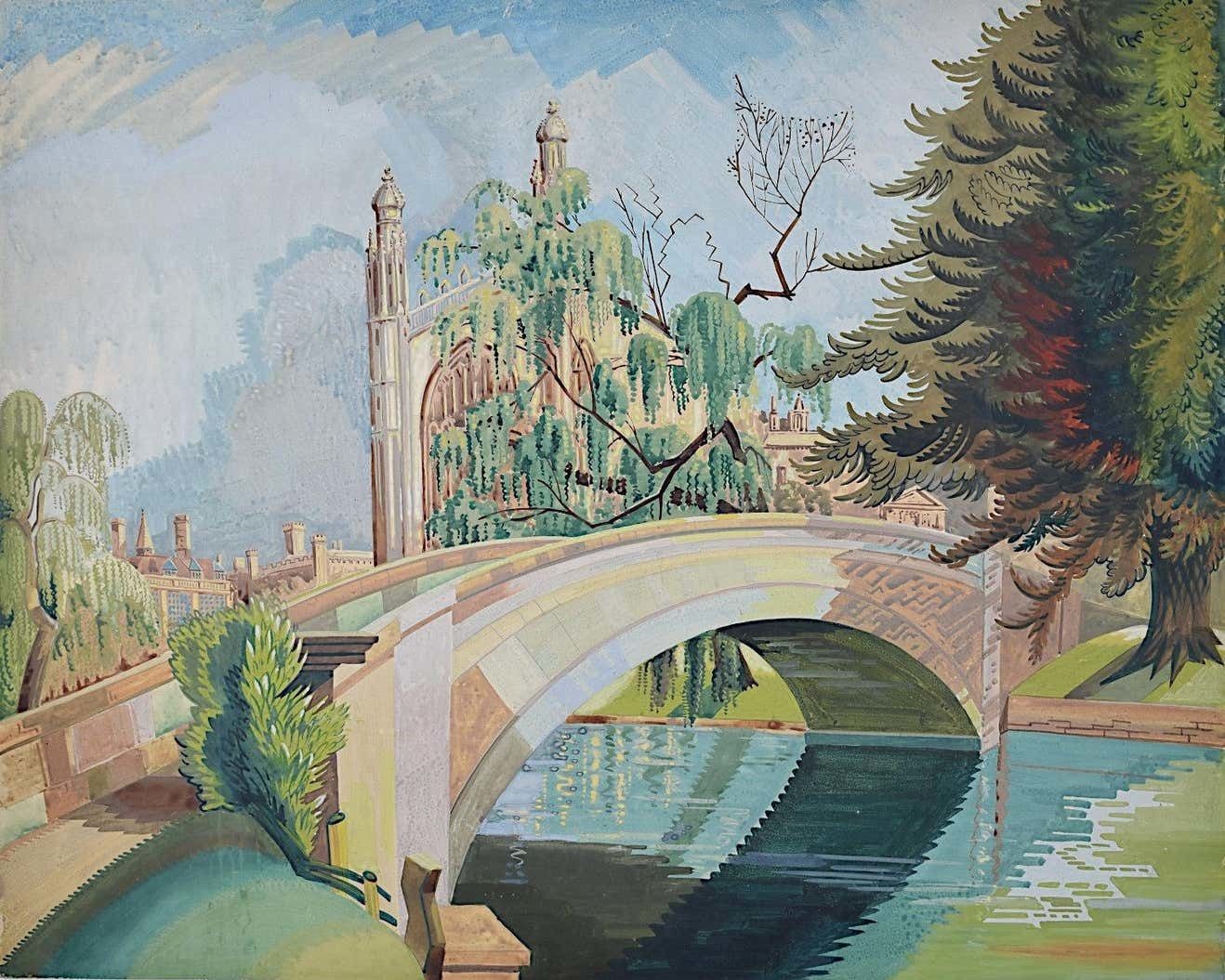 Unknown, King's College, Cambridge, River Cam (C.1920s) Art Deco Watercolour