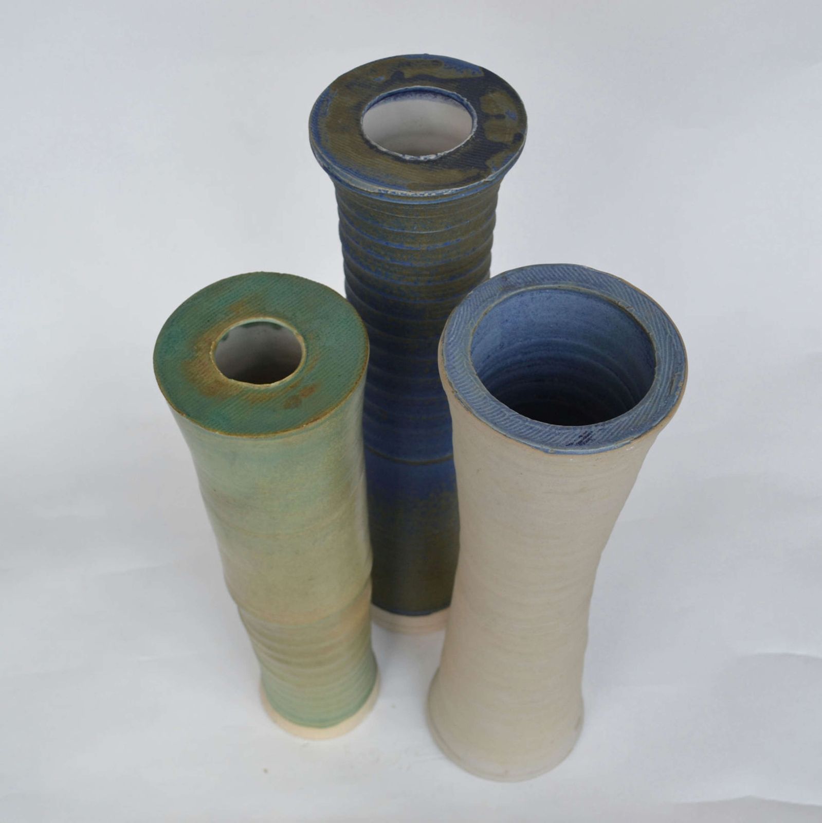 Three Large Studio Pottery Vessels In Blue, Green & Sand photo 1200.0