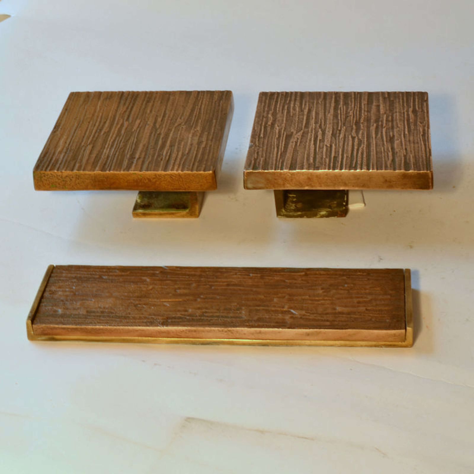Pair Of Square Bronze Motif Door Handles And Letterbox photo for sale