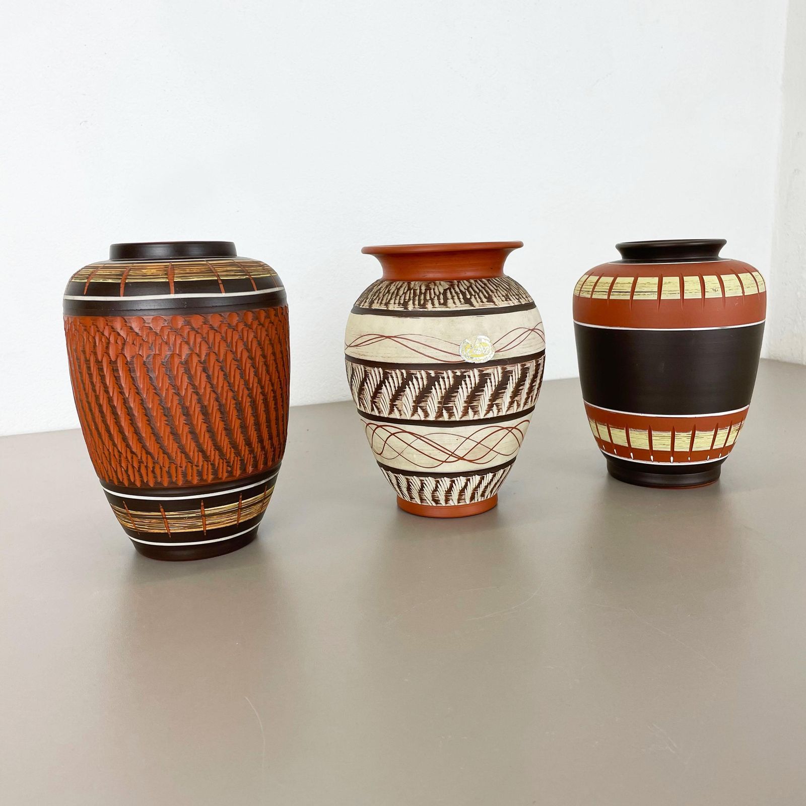 Set Of 3 Abstract Ceramic Pottery Vases By Eiwa / Akru Ceramics, Germany, 1950s photo for sale