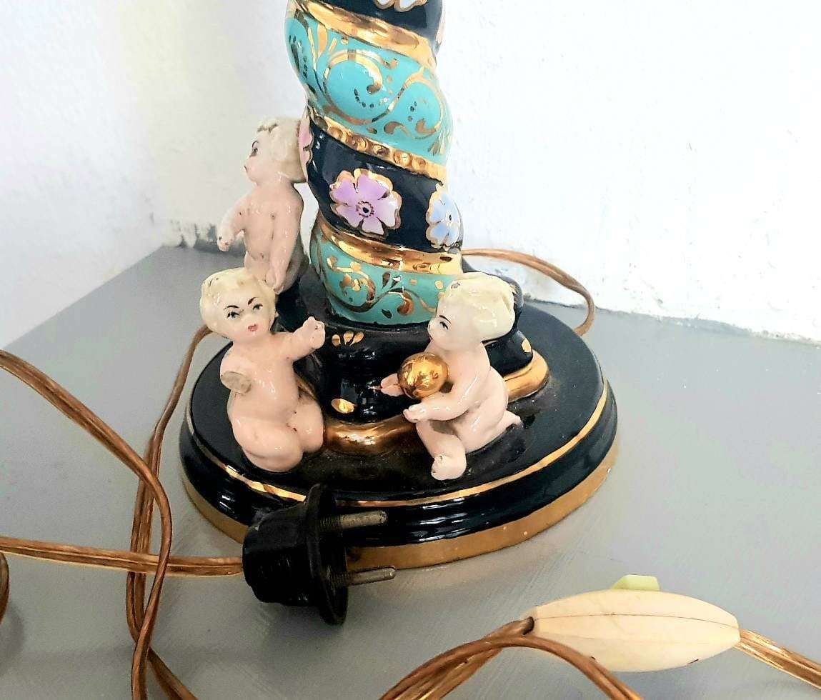 Italian Liani Hand Painted Porcelain Barley Twist Porcelain Table Lamp Base With 3 Cherubs From 1950 photo Lighting