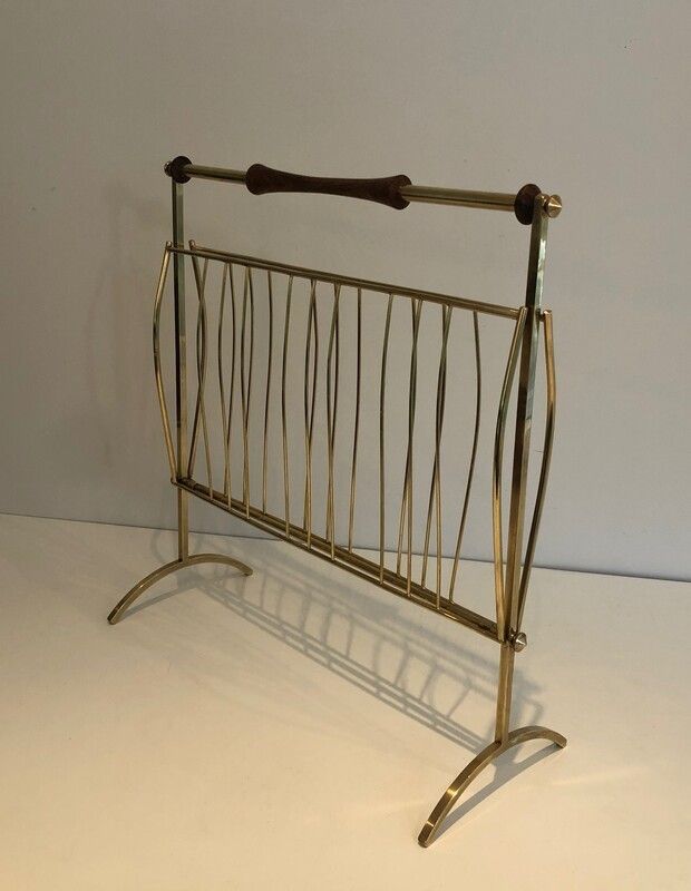 In The Style Of Cesare Lacca Brass And Wood Magazine Rack photo for sale
