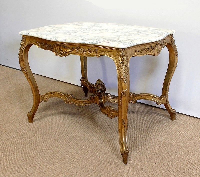 Marble And Gilded Wood Center Table, Regency Style, 2nd Part Of The 19th Century photo for sale