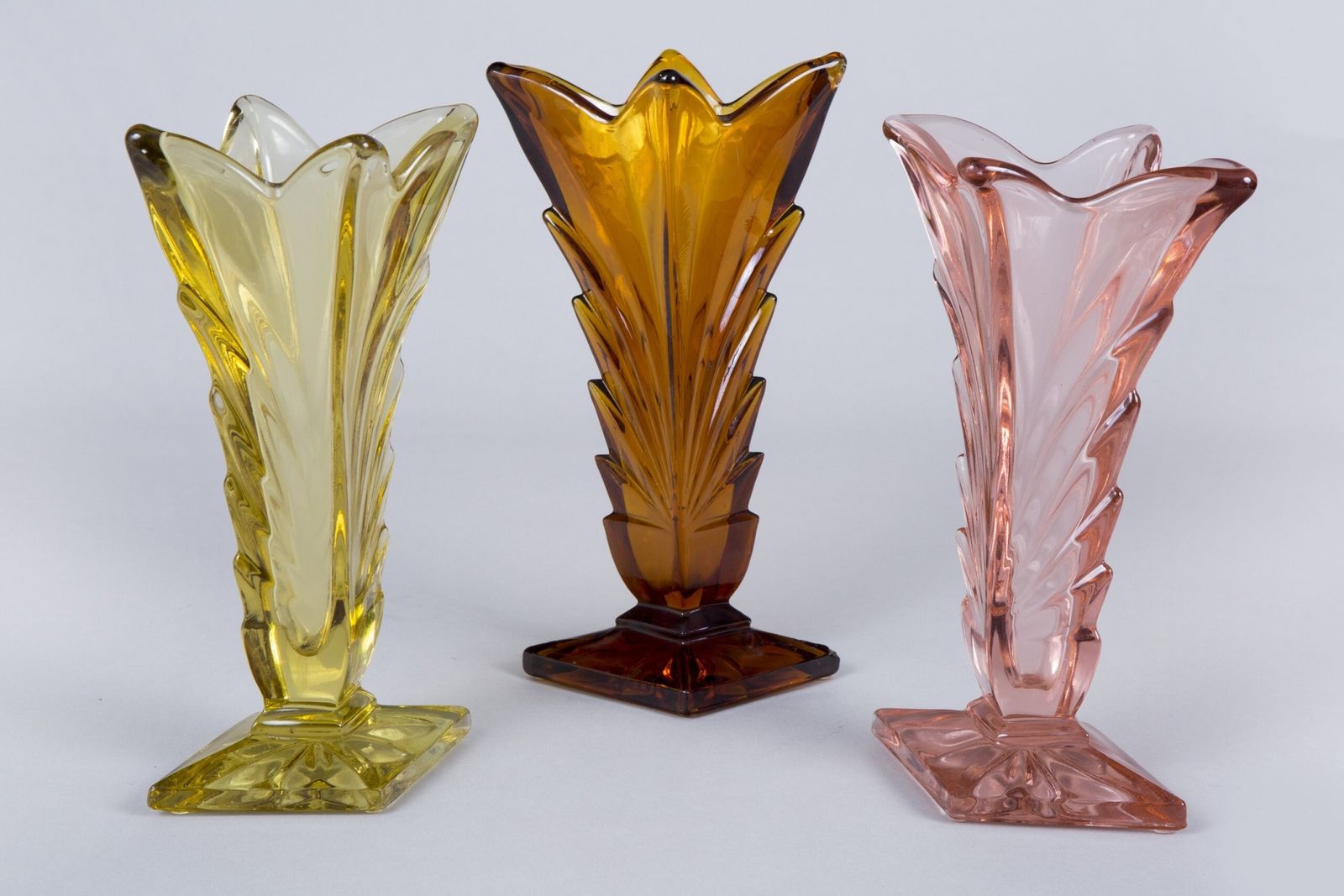 Glass Pink Yellow And Orange Vases Made In Bohemia, Original Condition. Art Deco