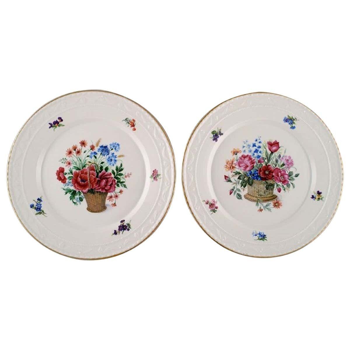 Kpm, Berlin, Two Antique Porcelain Plates With Hand Painted Flower Baskets