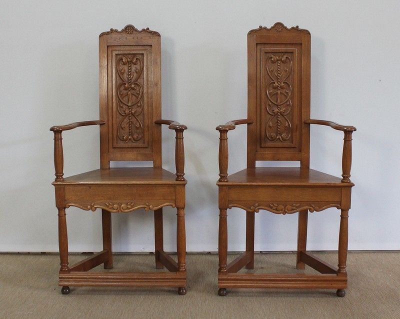photo buy Pair Of Armchairs Known As 'Caquetoires' In Blond Oak, Renaissance Style   Late 19th Century