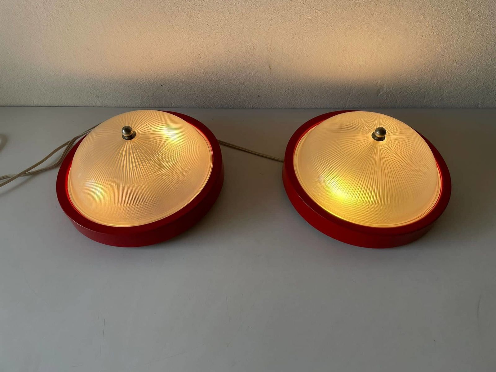 Glass And Red Metal Base Pair Of Sconces Or Ceiling Lamps By Reggiani, 1970s, Italy photo Lighting