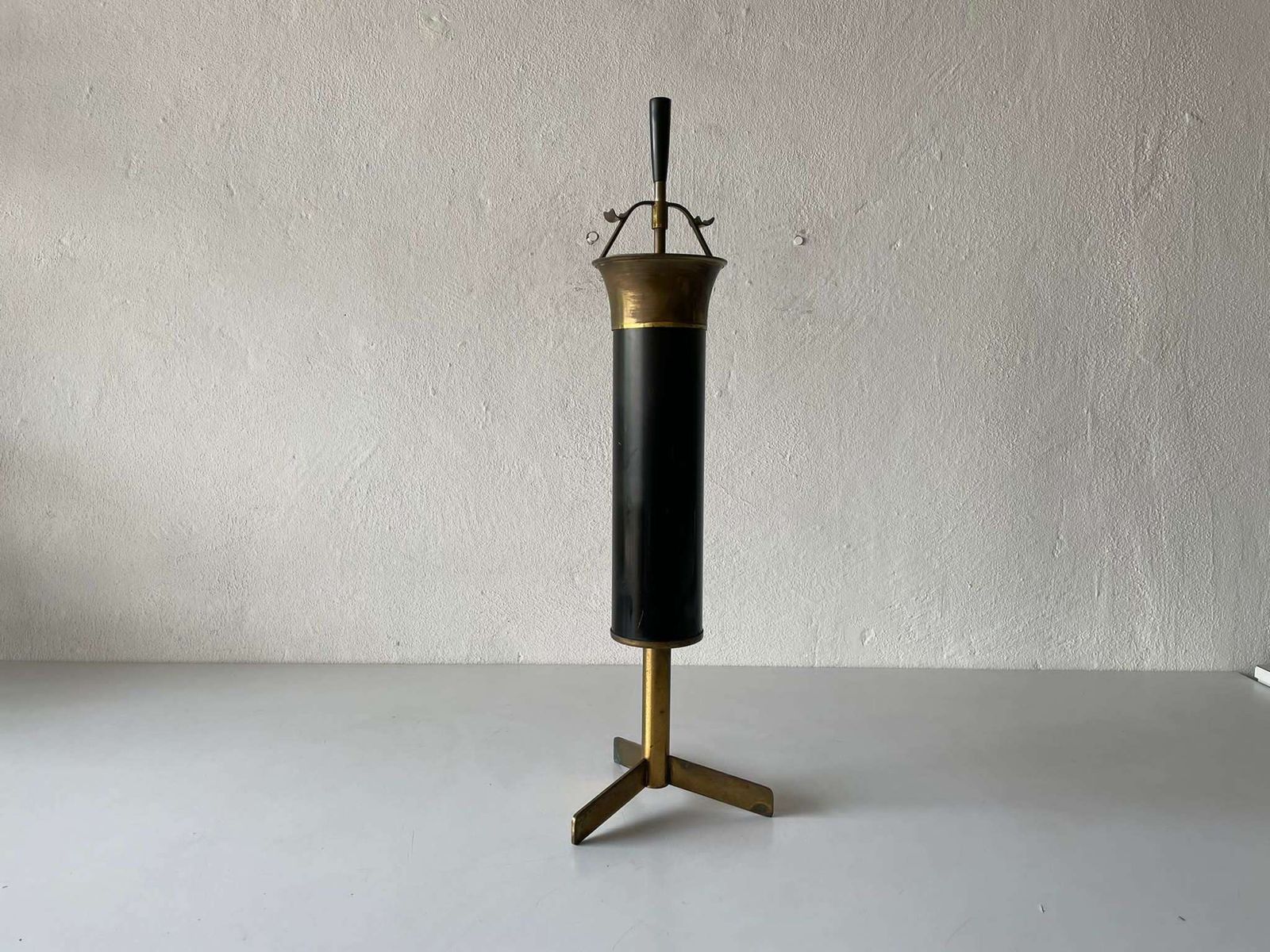 Italian Well Crafted Black Metal   Brass Body Tripod Ashtray, 1950s, Italy
