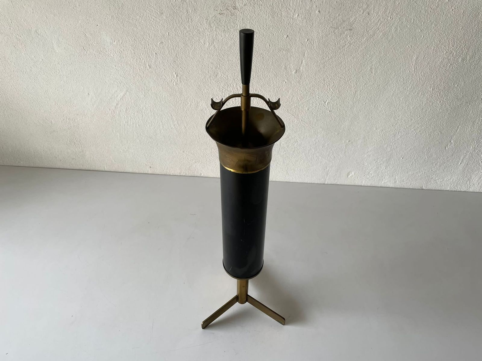 Italian Well Crafted Black Metal   Brass Body Tripod Ashtray, 1950s, Italy photo furniture
