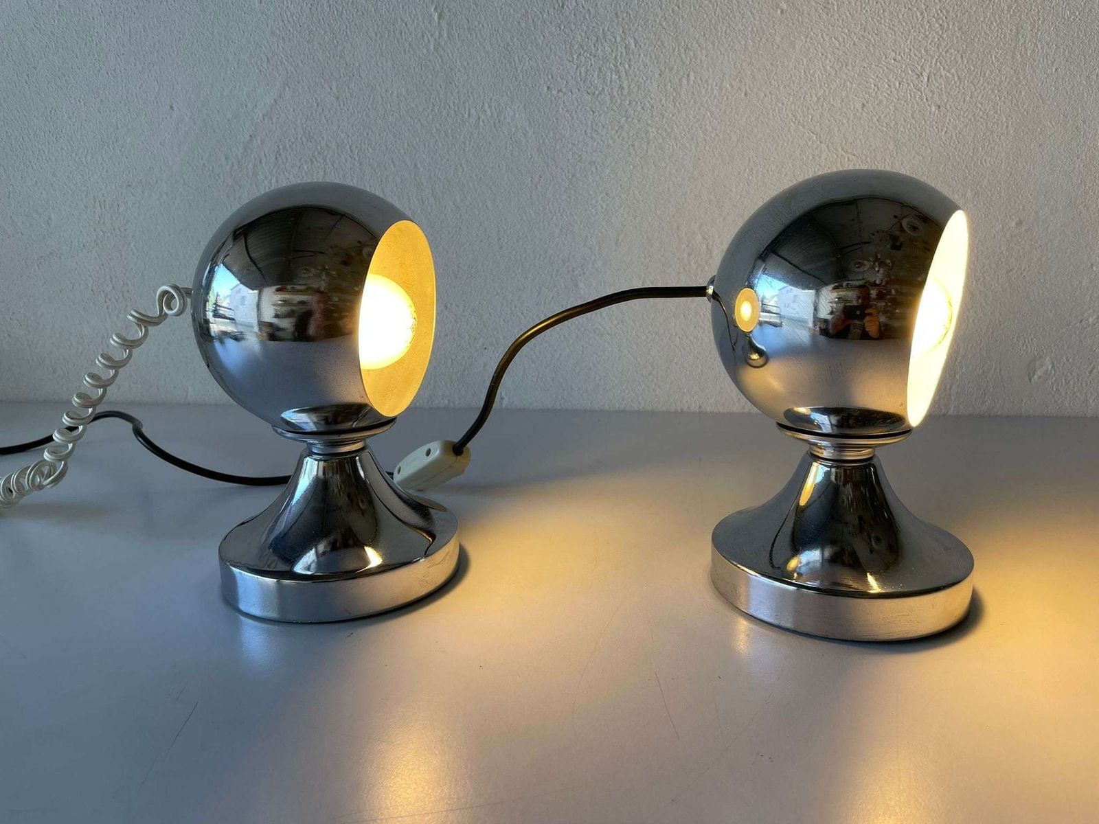 Italian Space Age Chrome Pair Of Table Lamps With Magnetic Shades, 1970s, Italy photo for sale