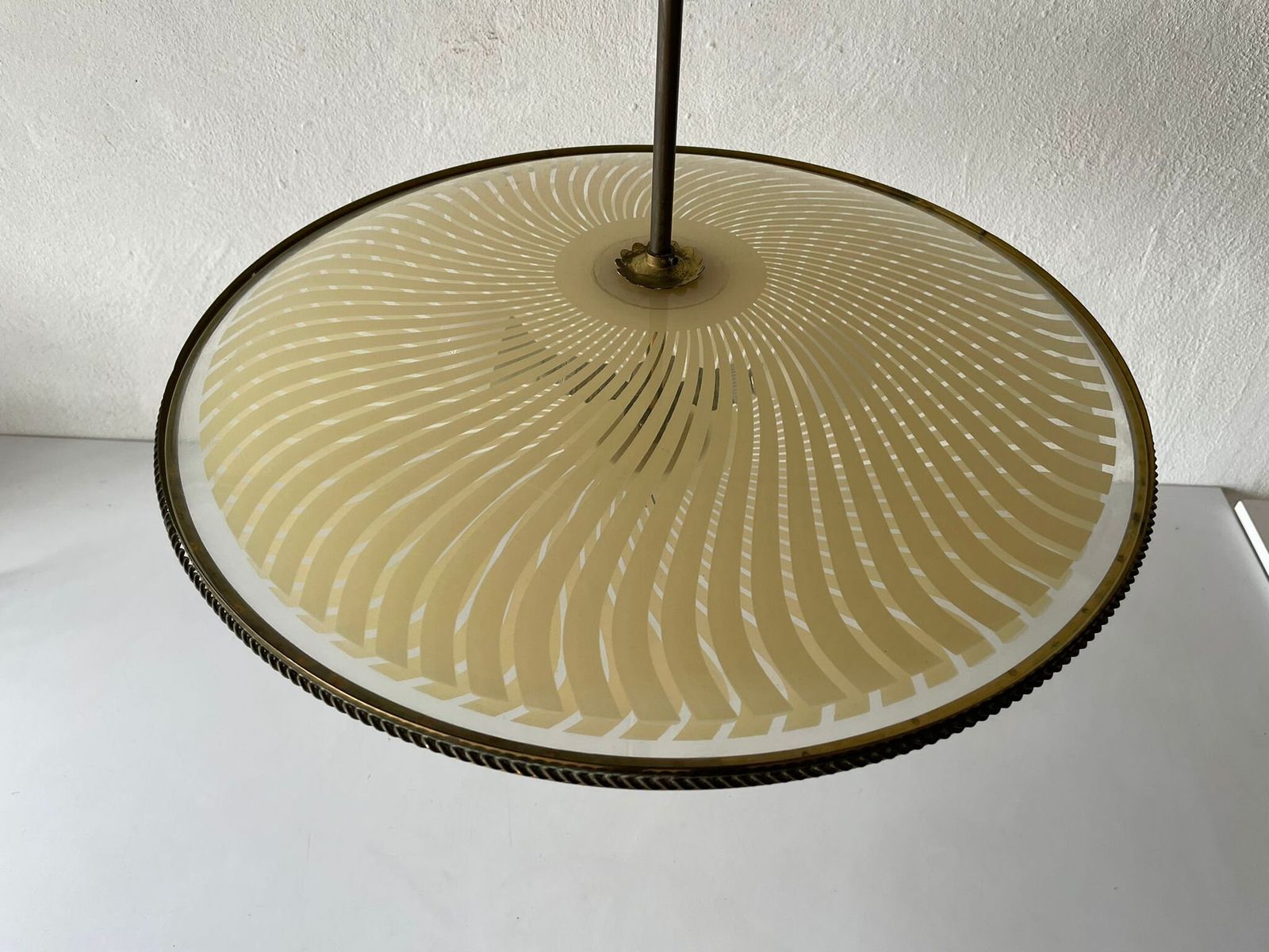 Wonderful Ufo Design Brass Body & Printed Glass Large Ceiling Lamp By Fontana Arte, 1950s, Italy photo furniture