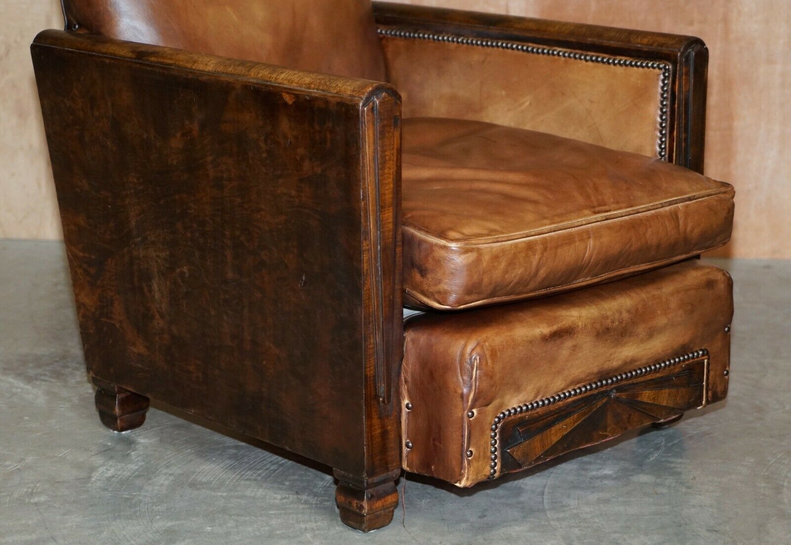 Antique Pair Of Metropolitan Art Deco 1920 Hand Dyed Brown Leather Armchairs photo vintage