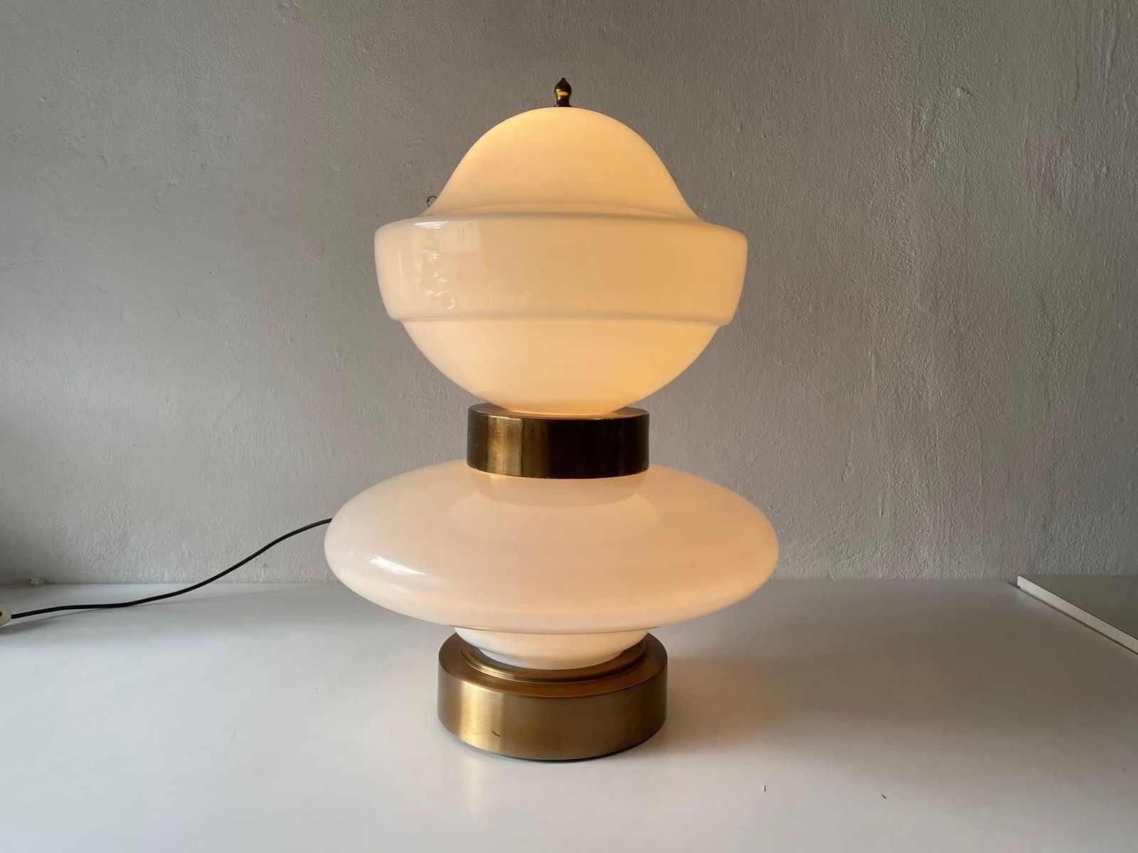 Exceptional Italian Design 2 Piece Opal Glass And Metal Body Large Table Or Floor Lamp, 1970s, Italy photo Lighting
