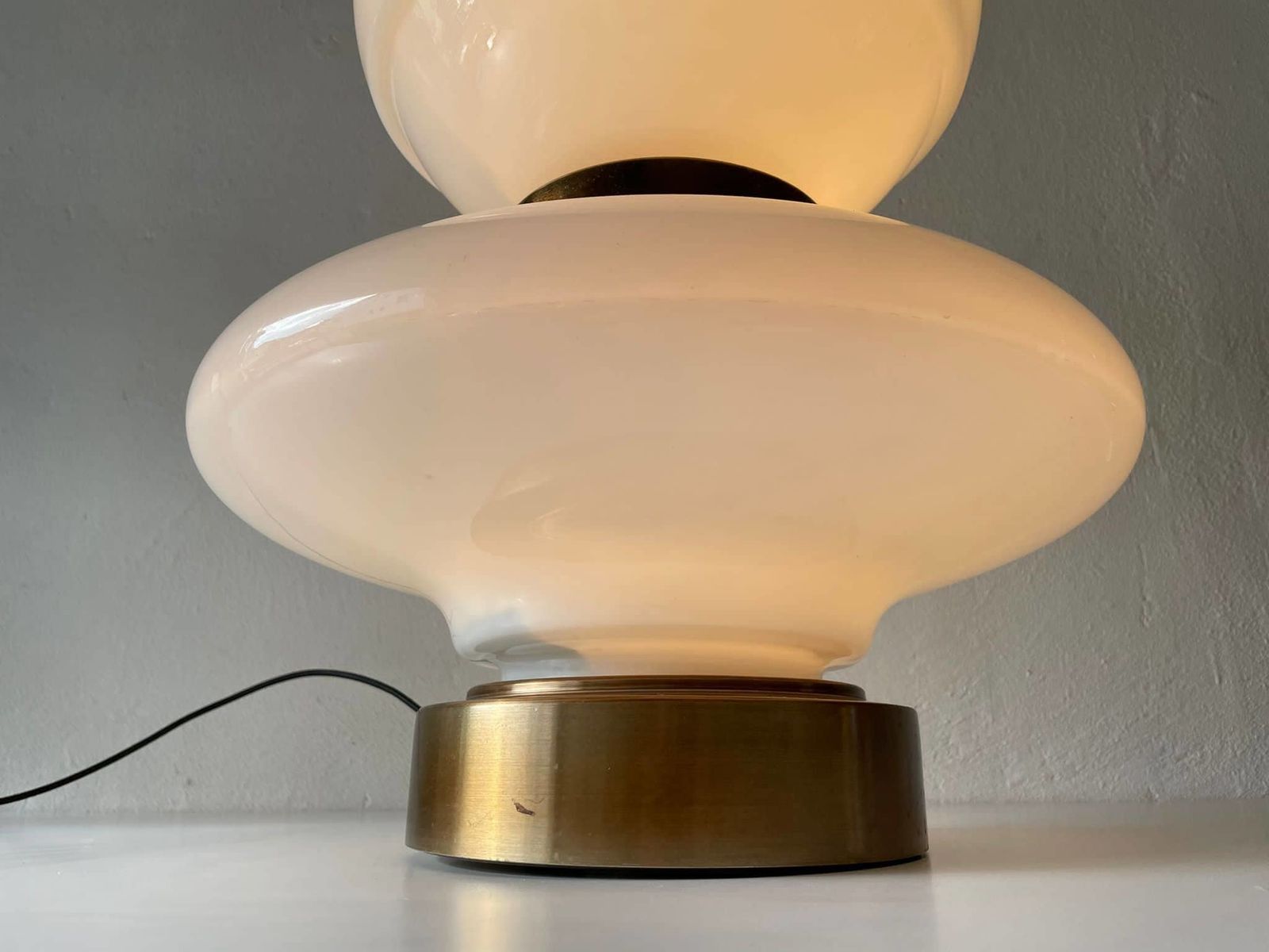 photo for sale Exceptional Italian Design 2 Piece Opal Glass And Metal Body Large Table Or Floor Lamp, 1970s, Italy