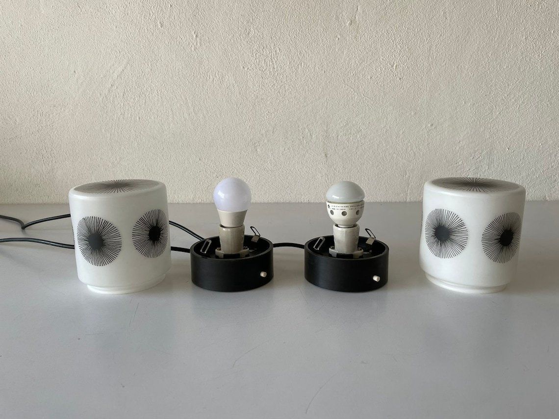 Cute Cylinder Design Retro Black White Glass And Plastic Pair Of Bedside Lamps By Erco Leuchten, 1970s, Germany photo vinterior