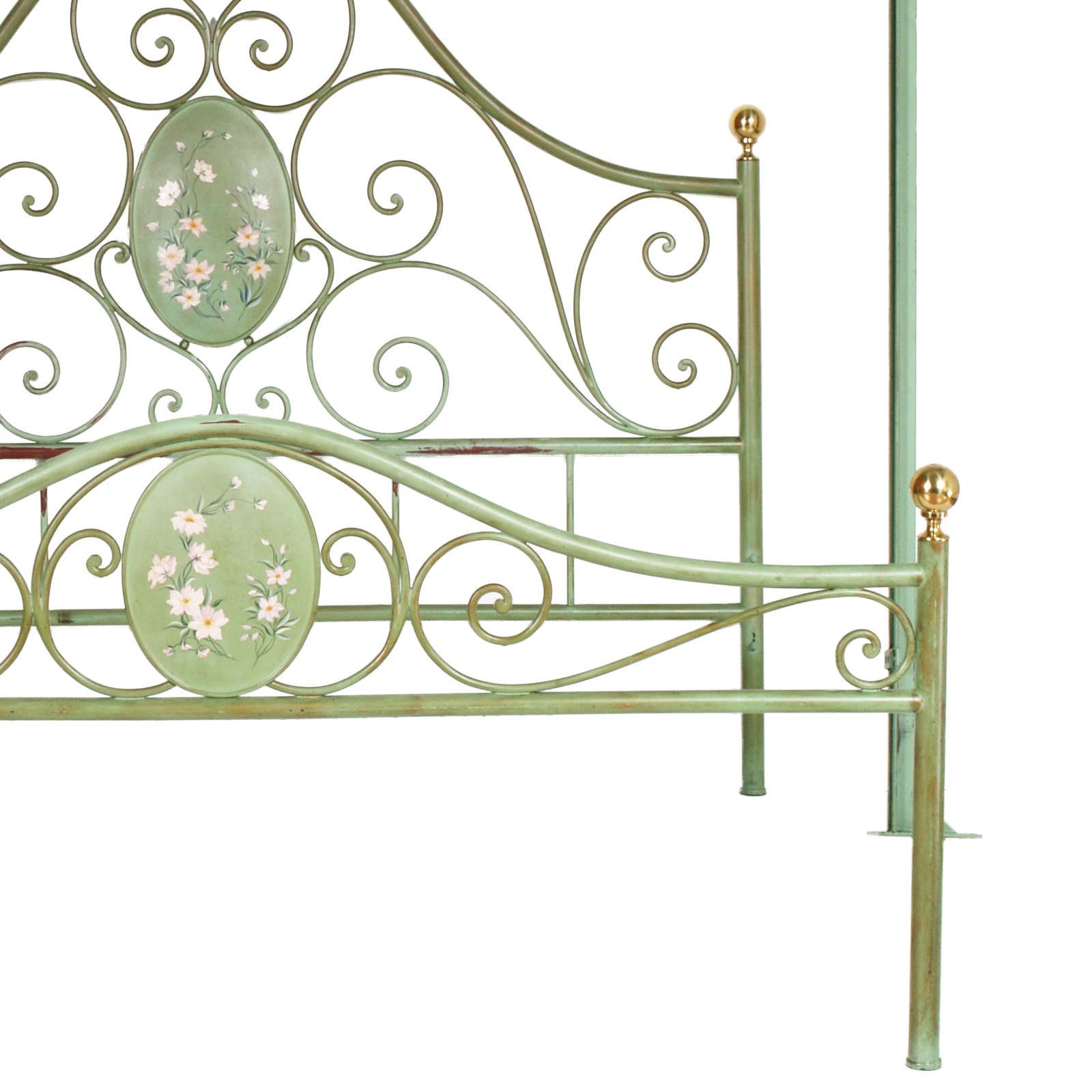 Italian Double Bed Painted Antiqued Green And Hand Decorated Iron, Golden Parts photo for sale