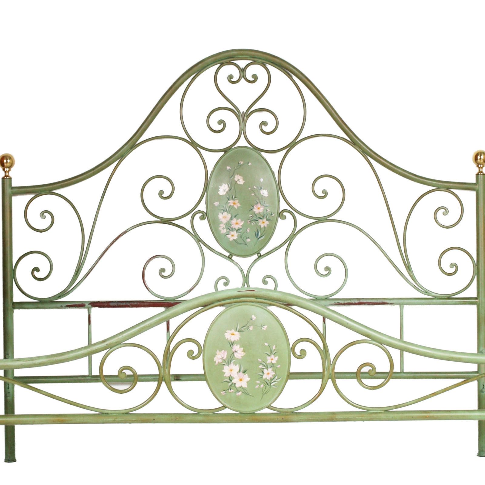Italian Double Bed Painted Antiqued Green And Hand Decorated Iron, Golden Parts photo vinterior