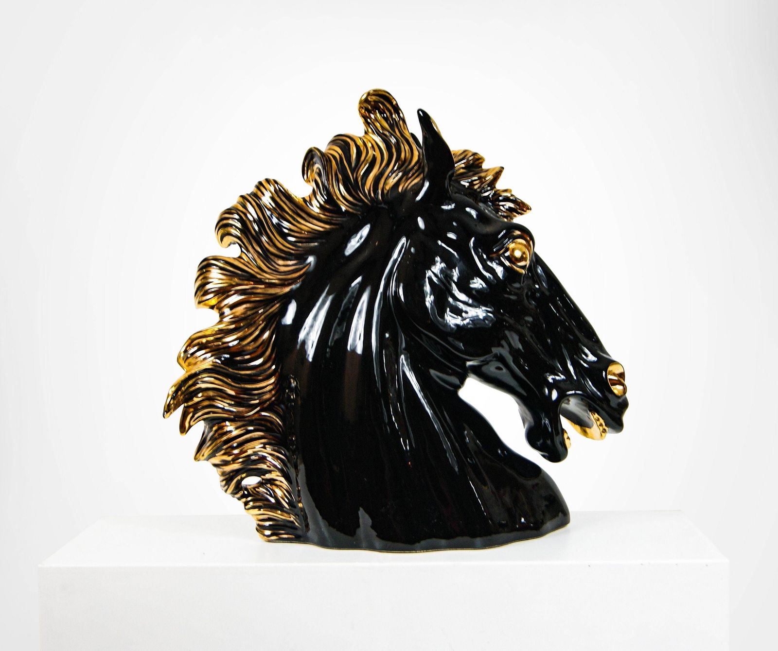 Italian Ceramic Horse Head Sculpture Gold And Black 1990s photo furniture