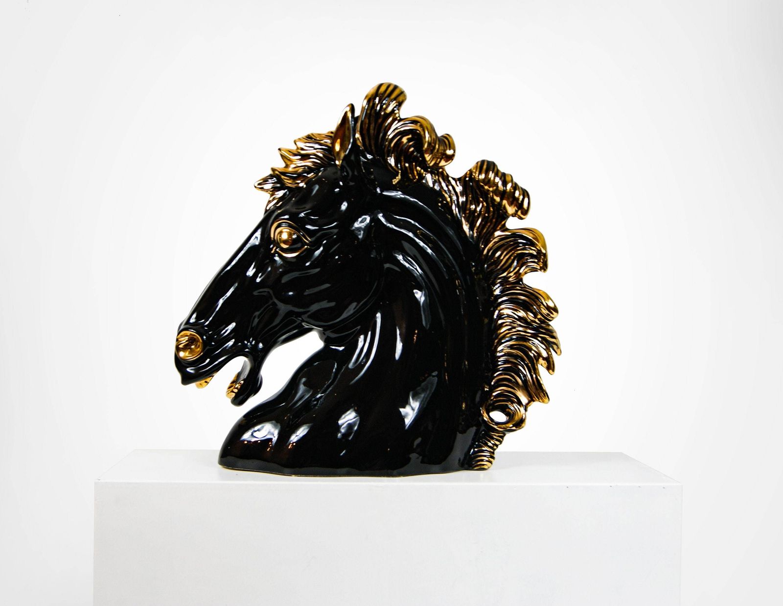 Italian Ceramic Horse Head Sculpture Gold And Black 1990s photo for sale