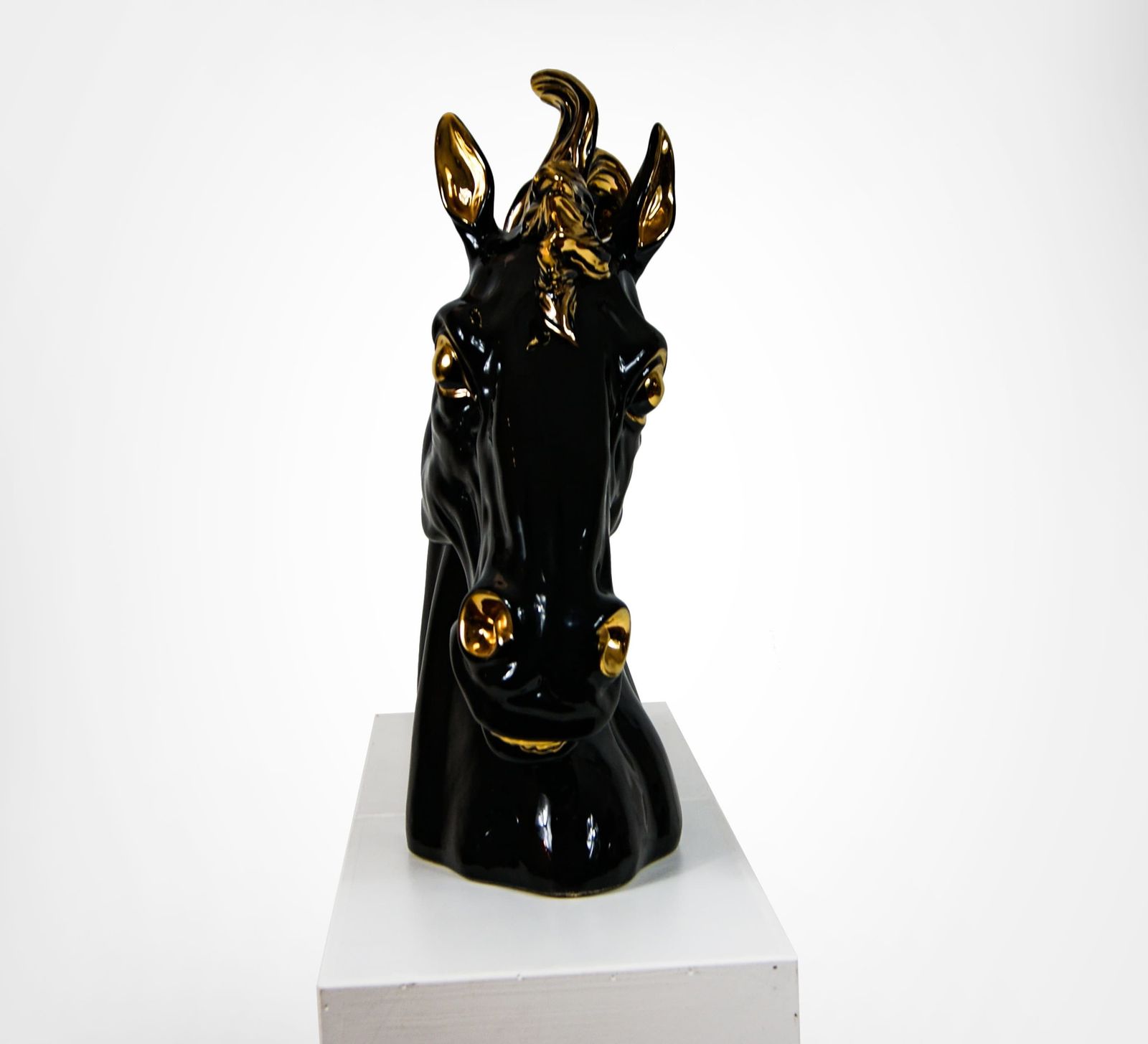 Italian Ceramic Horse Head Sculpture Gold And Black 1990s photo vinterior