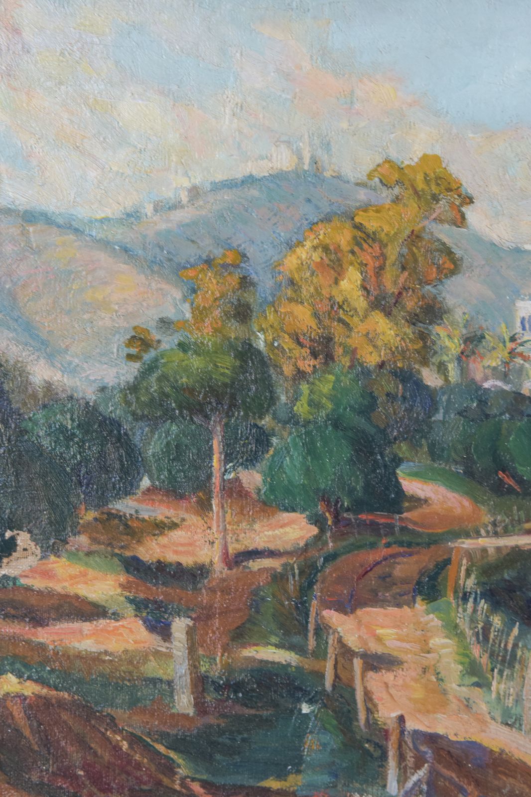 Impressionistisch Gesigneerd Mediterraan Landschap Met Uitzicht Op Een Rivier En Bergen photo vintage