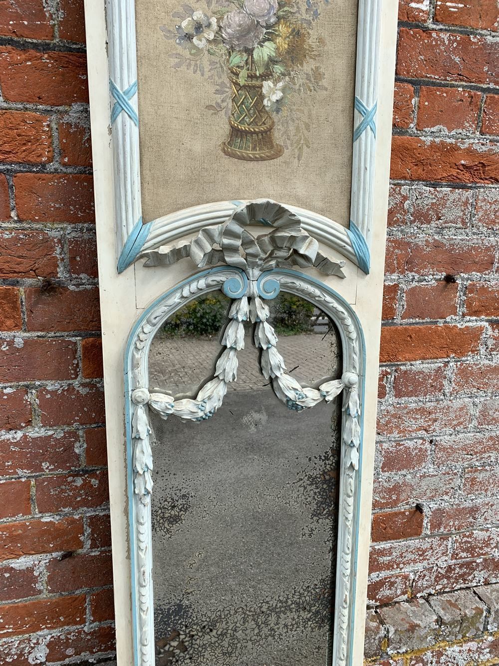 19th Century English Carved Wood And Gesso Distressed Painted Mirror photo for sale