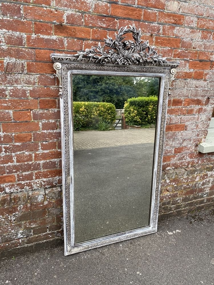 A Fabulous Large Antique French 19th Century Carved Wood & Gesso Original Silvered & Painted Mirror