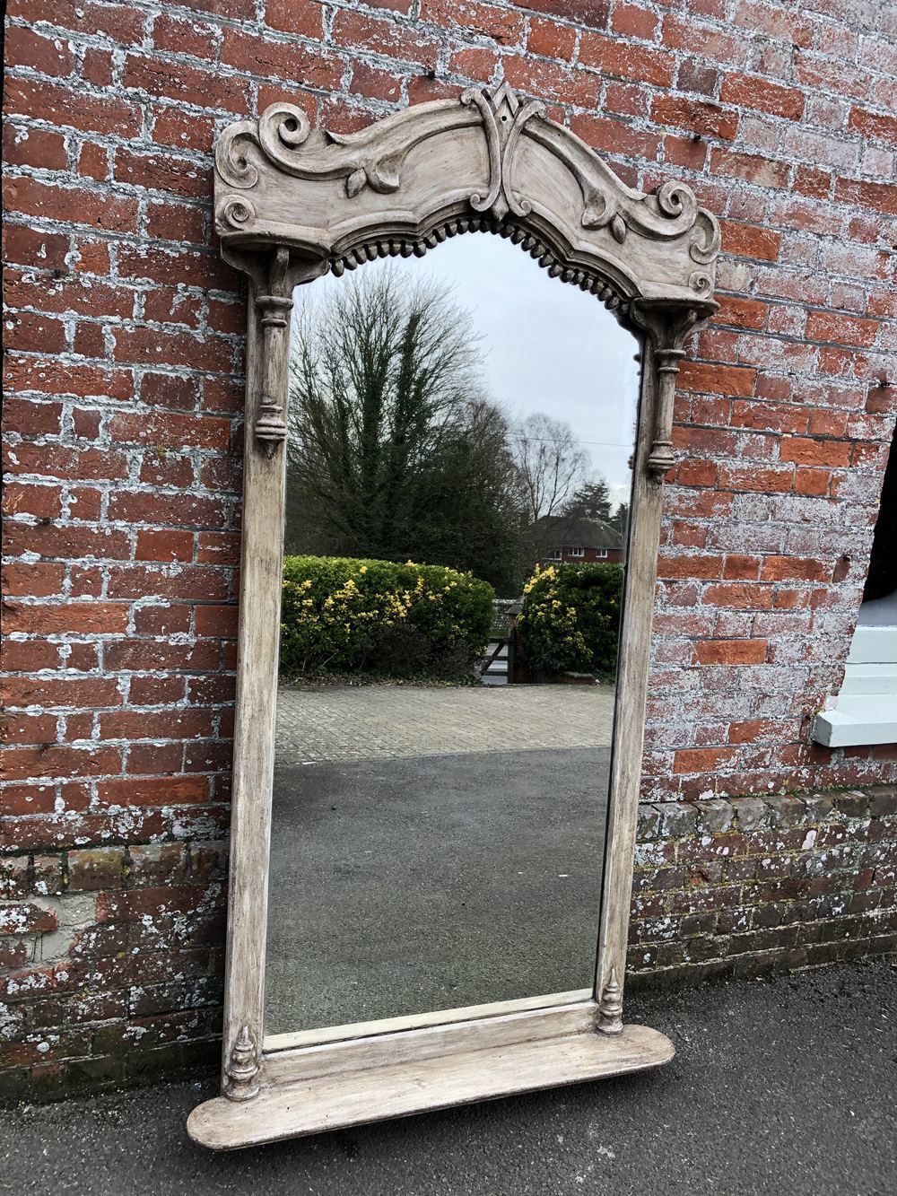 A Delightful Large Antique French 19th Century Wood Painted Shaped Top Mirror
