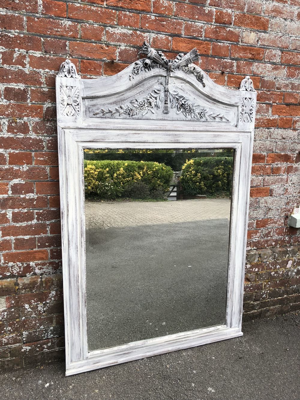A Delightful Large Antique 19th Century French Carved Wood Distressed Painted Mirror