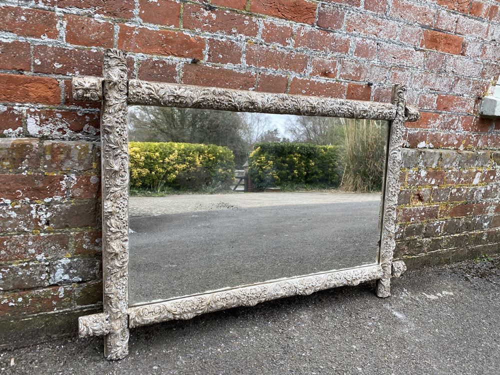A Stunning Antique French 19th Century Carved Wood & Gesso Ornate Framed Painted Cross Mirror