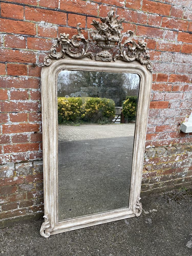 A Superb Large Antique French 19th Century Carved Wood & Gesso Painted Arched Top Mirror