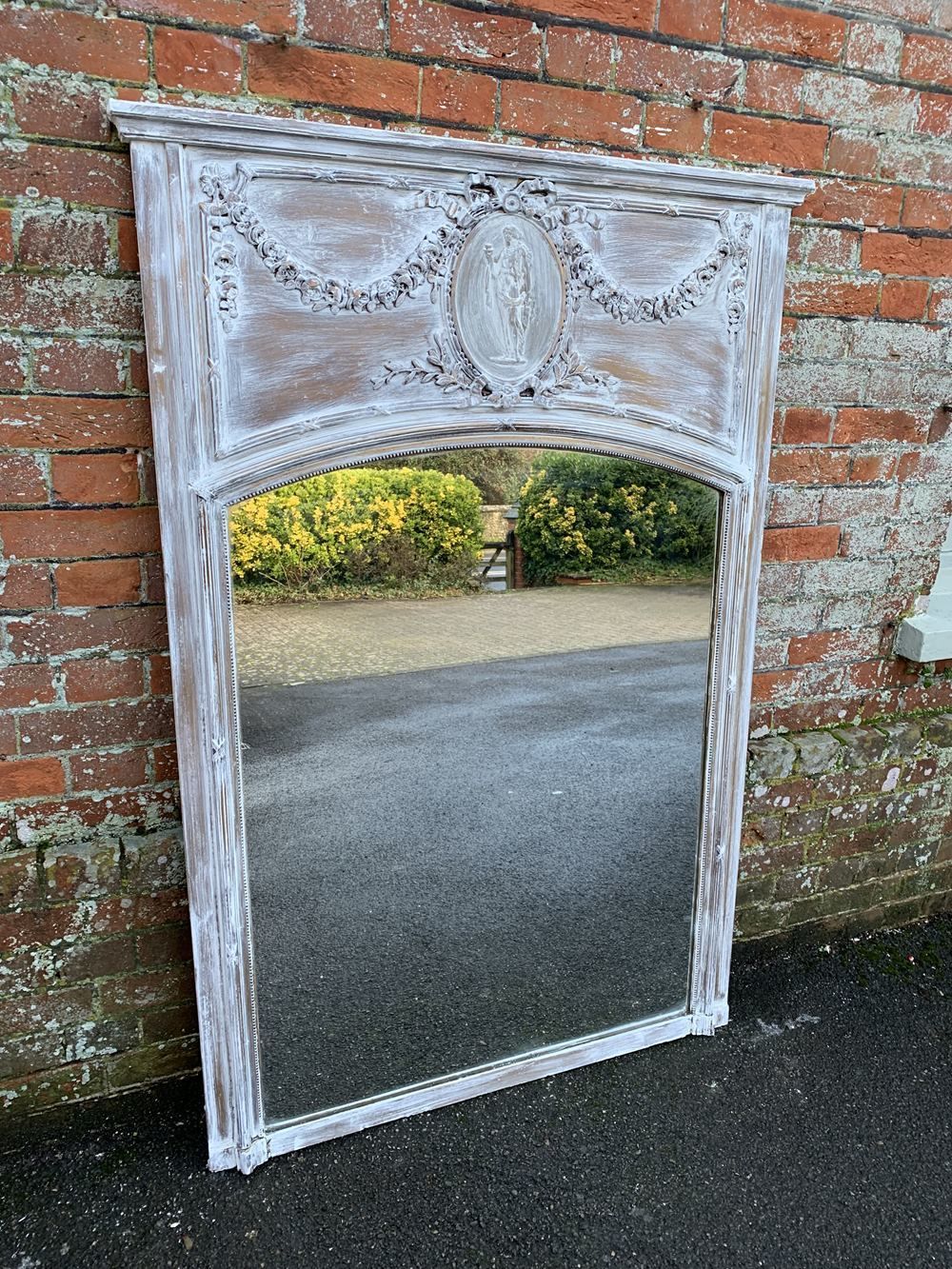 A Delightful Large Antique French 19th Century Carved Wood & Gesso Distressed Painted Mirror