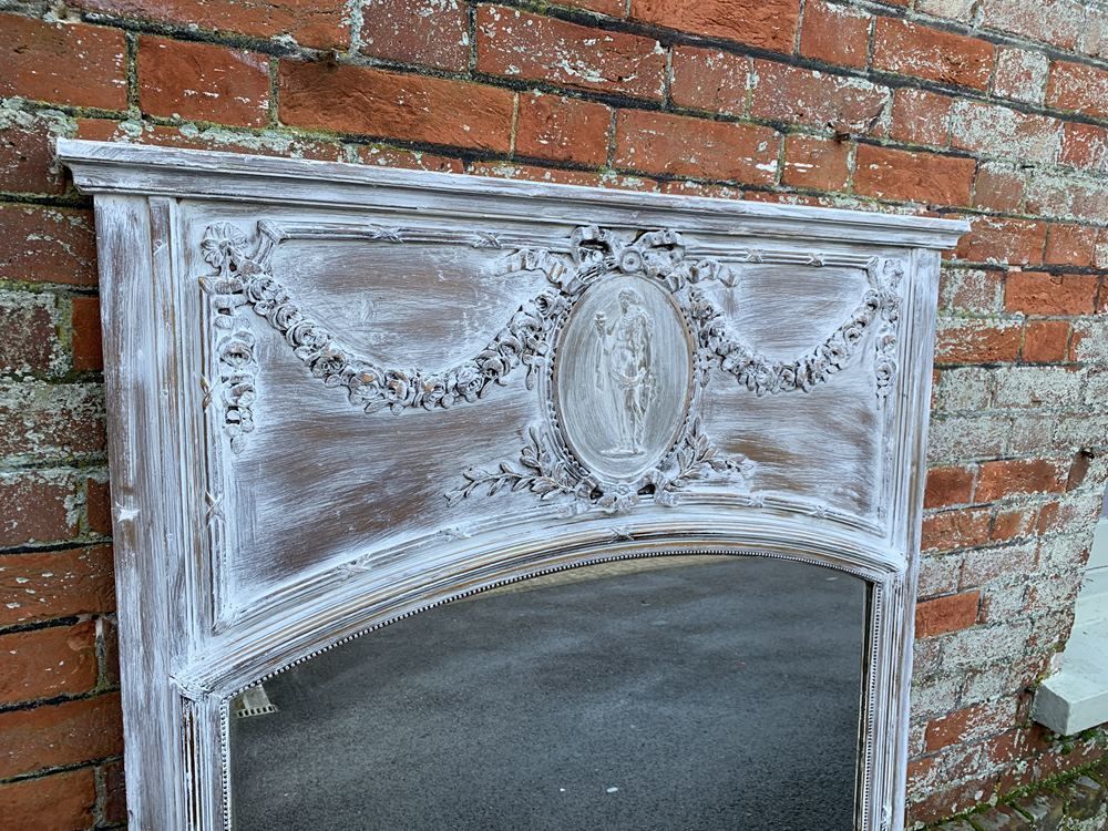 A Delightful Large Antique French 19th Century Carved Wood & Gesso Distressed Painted Mirror photo for sale