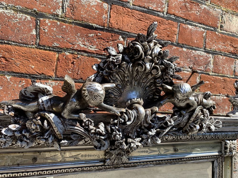 A Spectacular Large Antique French 19th Century Carved Wood & Gesso Original Silvered And Painted Mirror photo 995.0