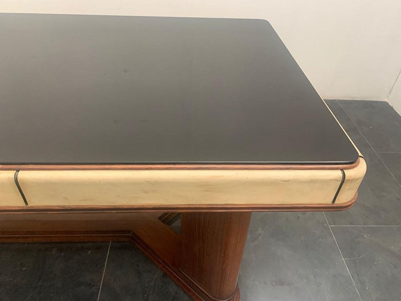 Art Deco Table In Rosewood And Parchment With Black Glass Top, 1930s photo vinterior