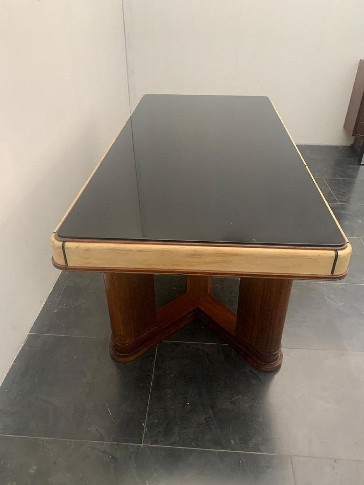 Art Deco Table In Rosewood And Parchment With Black Glass Top, 1930s photo vintage