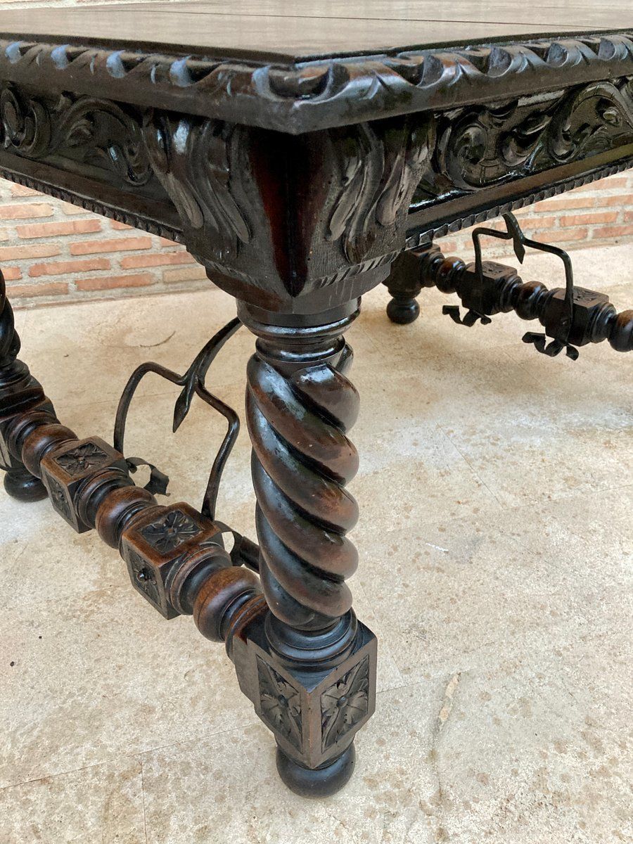 5116.0 Spanish Baroque Table With Dark Walnut Solomonic Legs With Carved Structure And Iron Stretcher photo