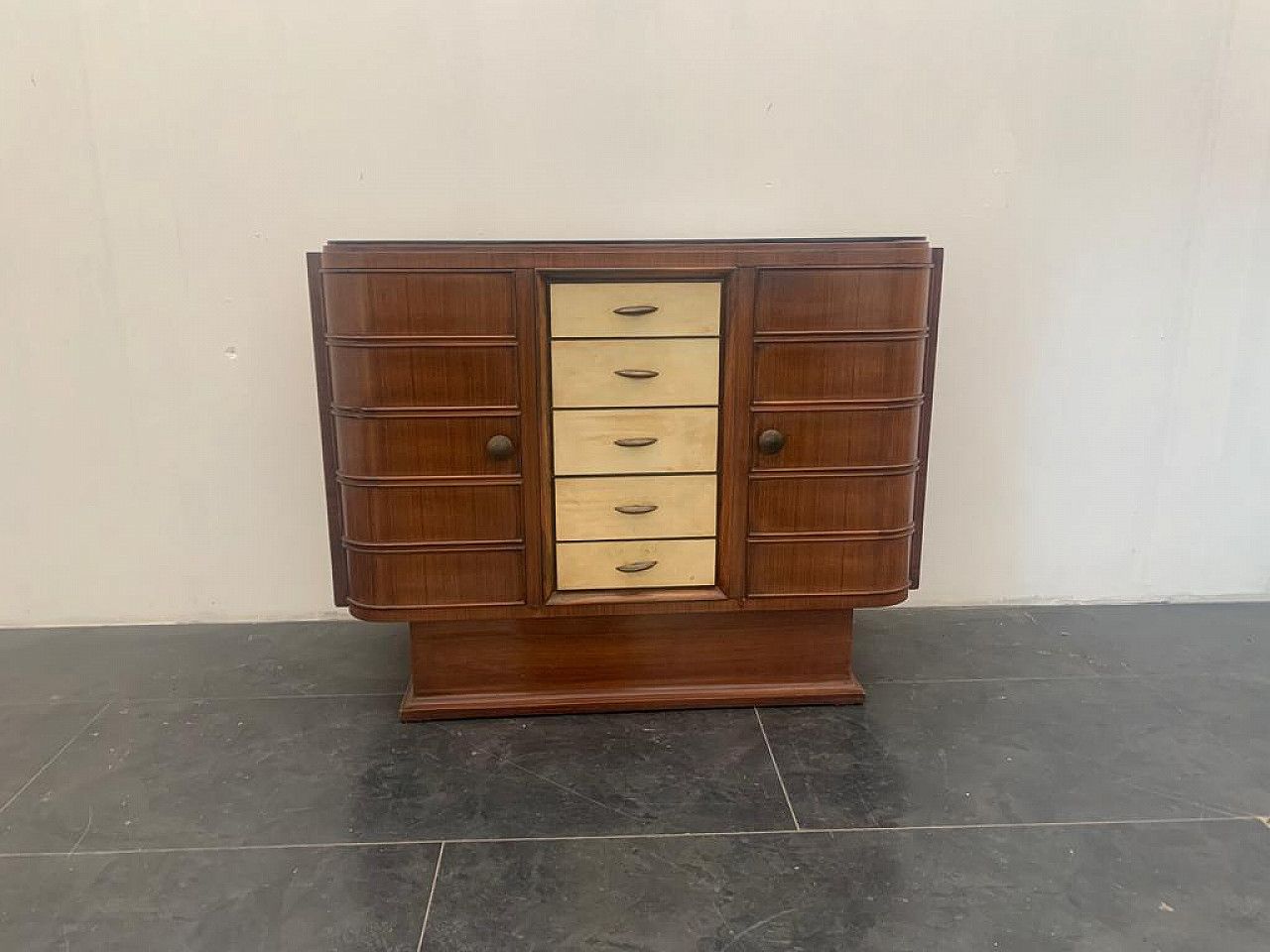 Art Deco Bar Cabinet In Rosewood And Parchment With Black Glass Top, 1930s photo furniture