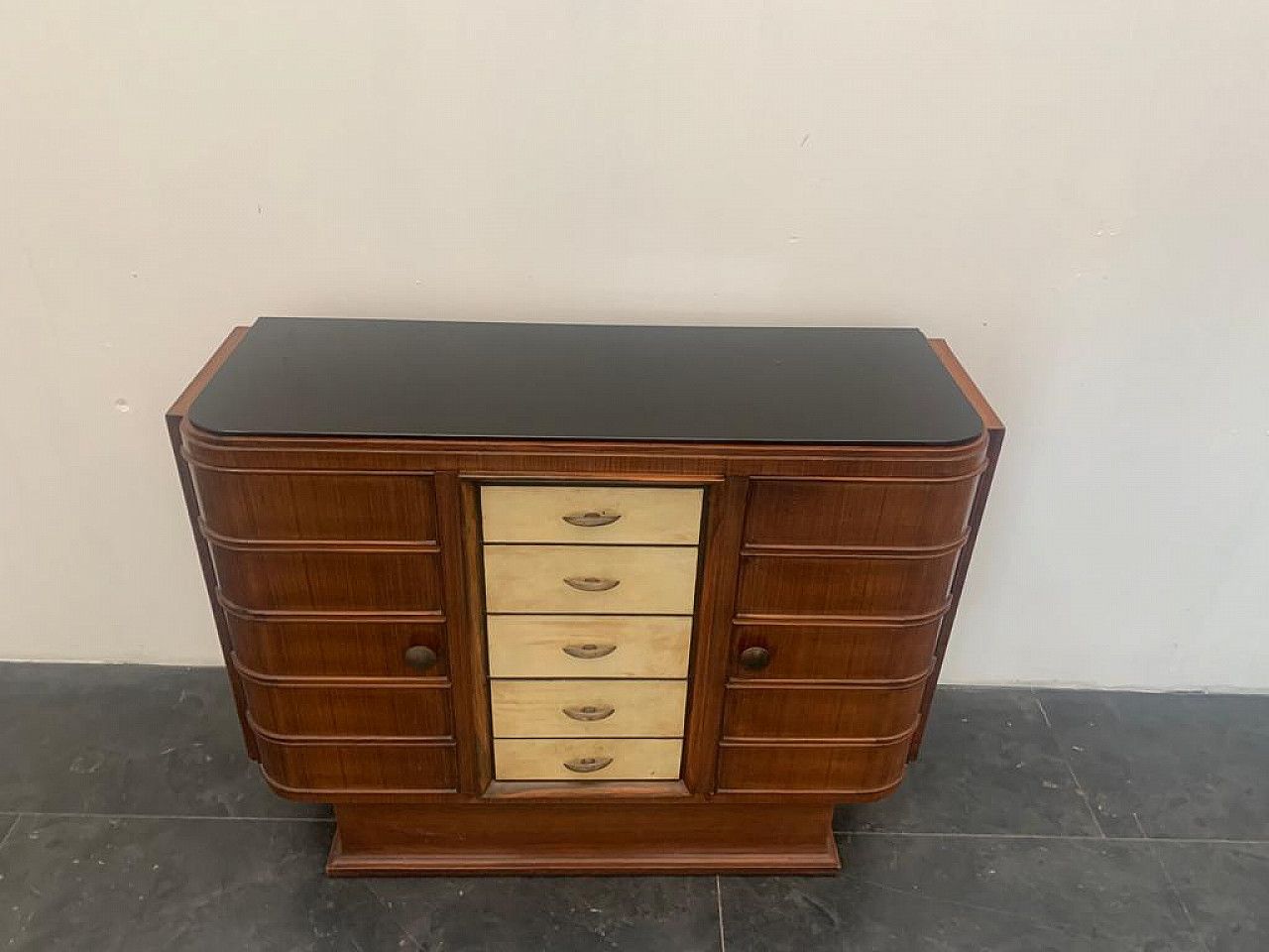Art Deco Bar Cabinet In Rosewood And Parchment With Black Glass Top, 1930s photo Furniture