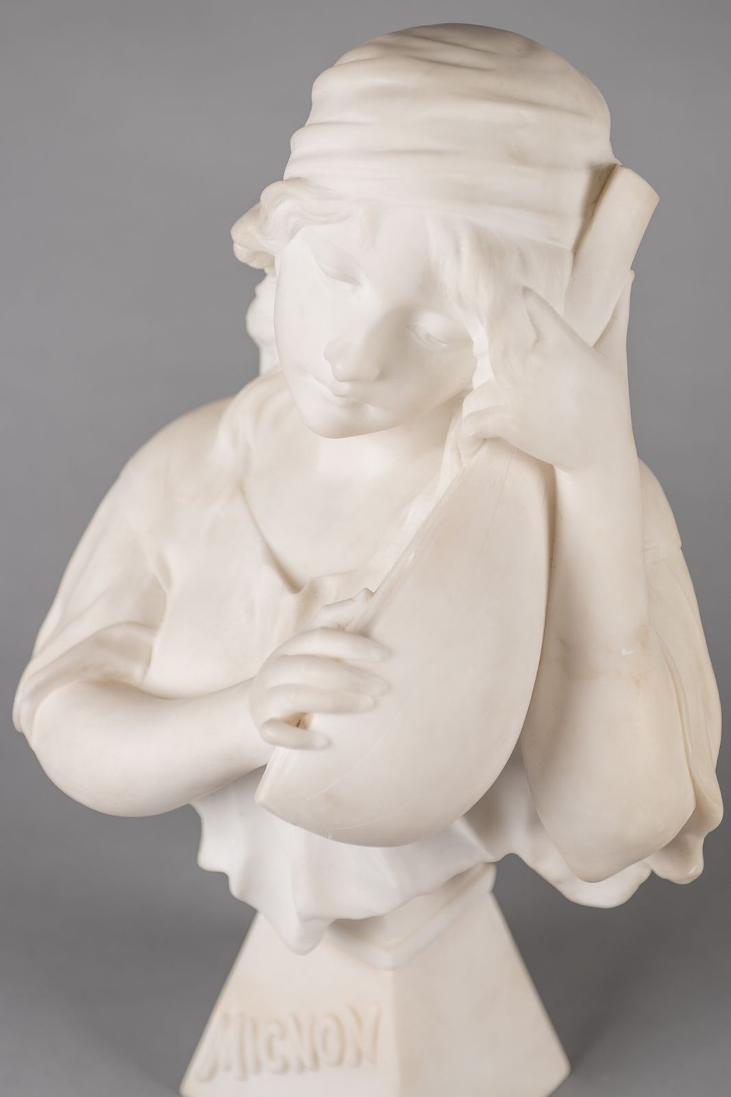 A Large French Carved Alabaster Sculpture Of A Female Playing A Lyre. Titled Mignon Signed R.Lusili photo buy