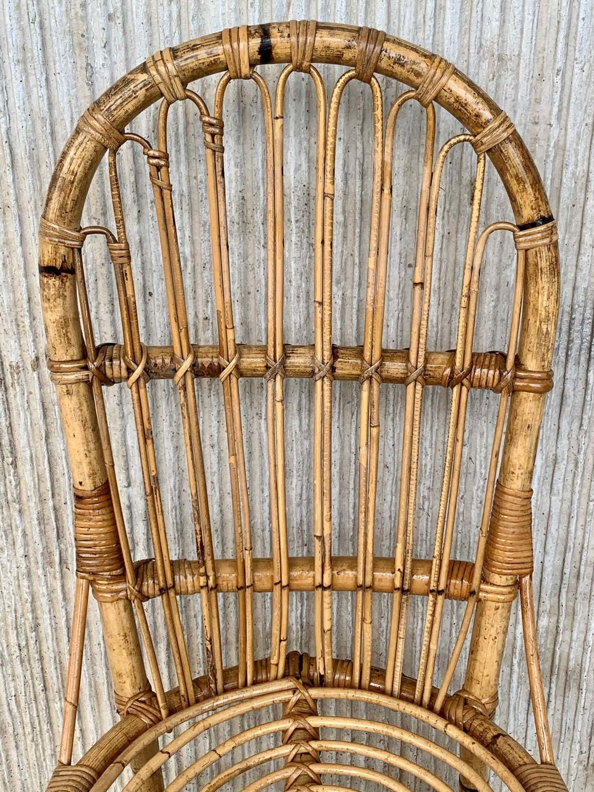photo for sale Set Of Five French Bamboo And Rattan French Sculptural Dining Chairs Circa 1970
